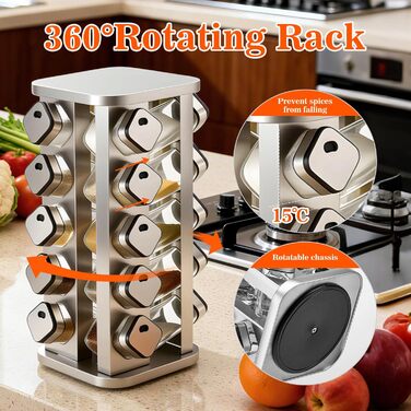 Стійка для спецій PTUWODS з 16 квадратними банками для спецій, карусель для спецій з нержавіючої сталі, що обертається на 360, органайзер для спецій, контейнери для спецій зі вставкою-шейкером, 16 банок
