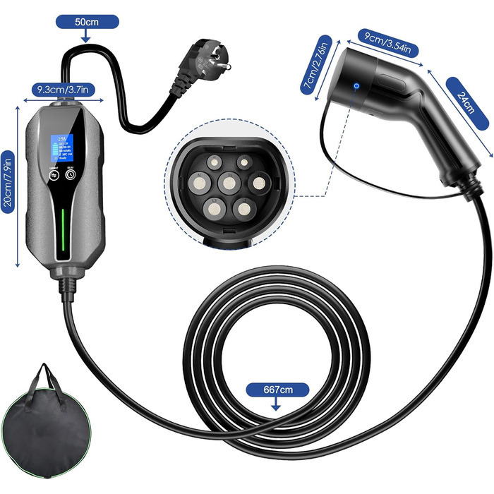 Зарядний кабель для електромобілів тип 2 7,5 м Zimking 6/8/10/13/16 А Регульовані зарядні пристрої для електромобілів з цифровим д