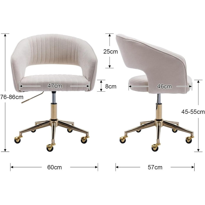 Офісний стілець з шенілу, ергономічне робоче крісло з підлокітниками, обертове крісло з колесами, туалетний стілець, регульована висота для домашнього офісу та офісу, бежевий