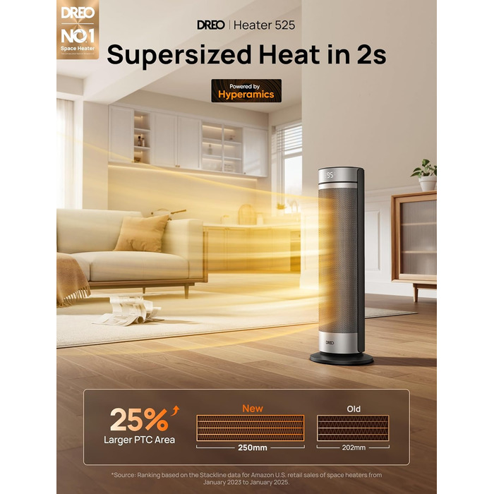 Дюймовий вентилятор-обігрівач Dreo, тихий електричний обігрівач потужністю 2000 Вт для спальні з пультом дистанційного керування, 12-годинний таймер, коливання 70, 5 режимів, керамічний PTC з термостатом, обігрівач для великих кімнат, офіс, сріблястий, 23