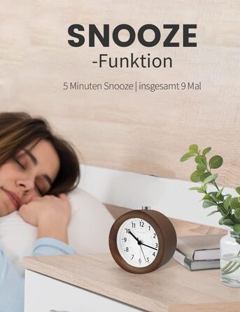 ВищеГодинник будильник аналоговий без цокання, будильник дерев'яний з дрімотою, тумбочка-годинник з нічником, ретро-будильник аналоговий на батарейках (потрібна батарея 1*AA - натуральне дерево світло-коричневого кольору (круглий, коричневий)