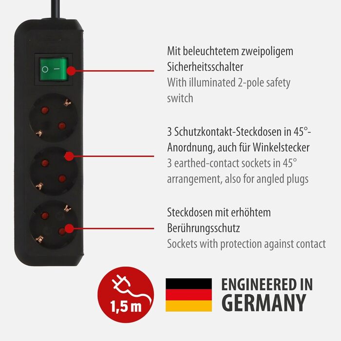 Розетковий подовжувач (багаторозеткова розетка з посиленим захистом від дотиків, вимикач і кабель 1,5 м) чорний, 3-