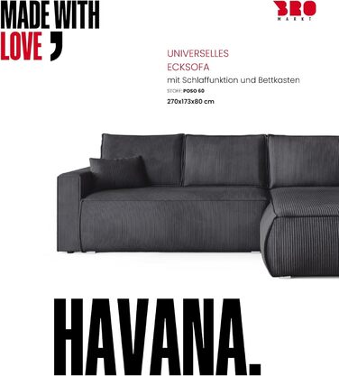 Диван з функцією сну, диван L, засіб для чищення оббивки, диван-ліжко з місцем для зберігання, розкладний диван для вітальні, окремостоячий диван, диван Havana Relax, 3-місний, 270x173x80 см, сірий