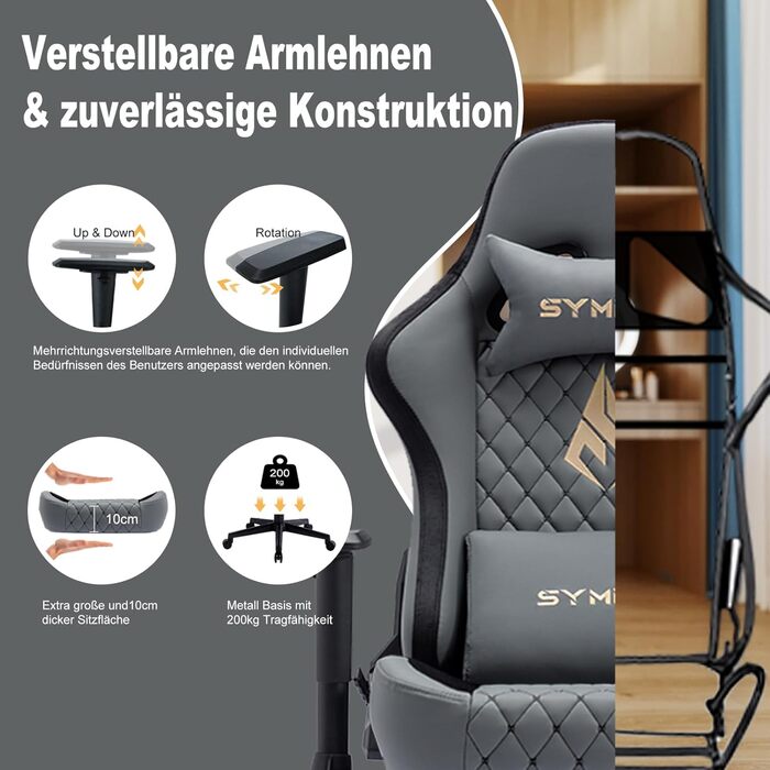 Ігрове крісло Symino - Ергономічне офісне крісло в гоночному стилі, вантажопідйомність 200 кг, регульовані підлокітники, вінтажна штучна шкіра, ігрове крісло з підставкою для ніг (сіре) імітація оленячої шкіри, колір &quotкліш сірий&quot