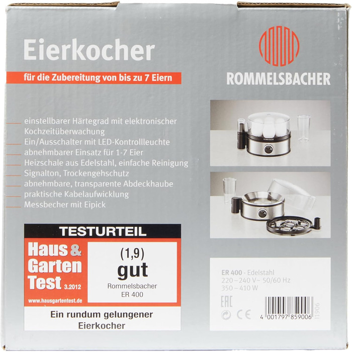 Яйцеварка ROMMELSBACHER ER 400 - на 1-7 яєць, регульована твердість, електронний контроль часу приготування, вимикач, звуковий сиг