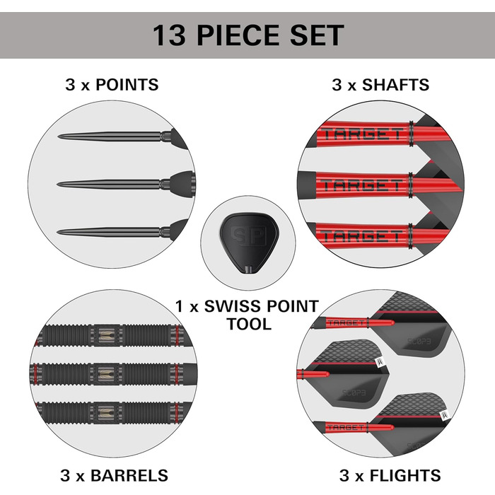 Набір дротиків Target Darts Scipe Swiss Point Steeldarts, 90 вольфрам Набір дротиків Steeldarts, дротики червоного та чорного кольору, професійний набір дротиків зі швейцарськими наконечниками та інструментом Ствол 01/02/03/04 21G/22G/23G/24G/25G 23G Ство