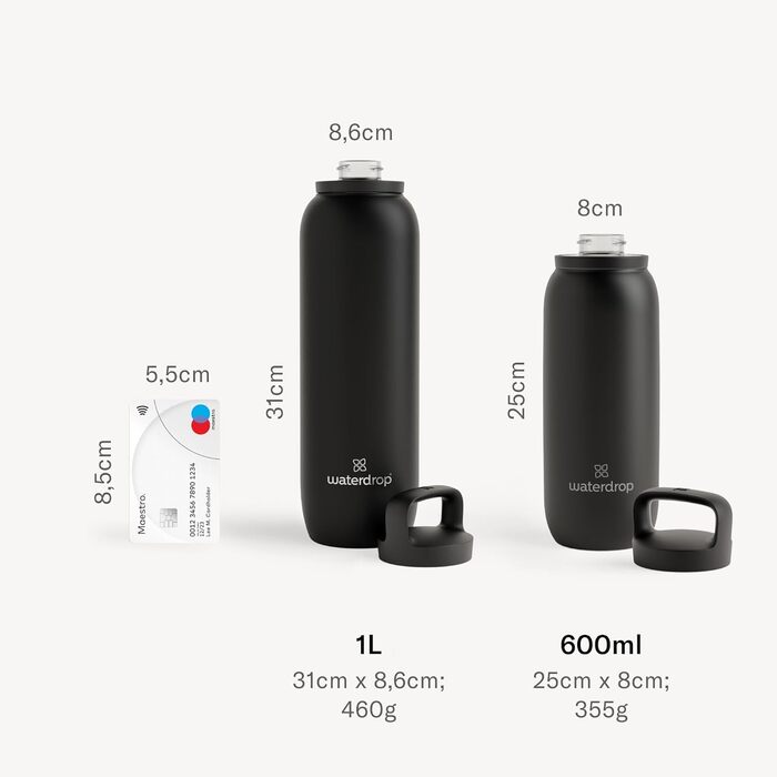 Термос Waterdrop універсального призначення 1 л, ізольована пляшка з нержавіючої сталі, зберігає напої холодними 24 години - гарячими 6/12 годин, герметична та ударостійка, матово-чорний колір, 1000 мл