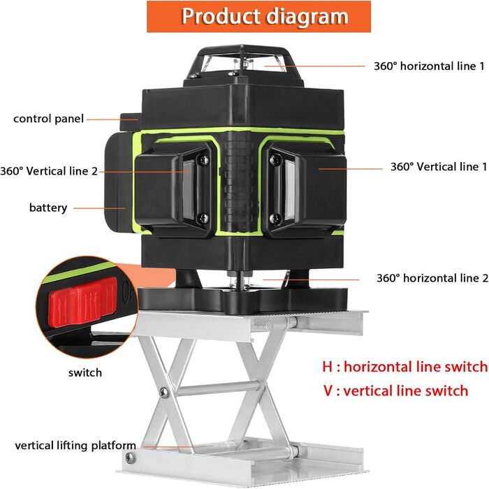 Лазер для перехресних ліній, KKnoon 4x360 лазер для перехресних ліній зі штативом, акумулятор 3000mAh*2, алюмінієвий триступеневий регульований штатив 1,5 м, з підйомною платформою та магнітним настінним кронштейном Лазерний нівелір