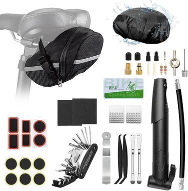Набір велосипедних інструментів, мультиінструмент 16-в-1 з водонепроникною кришкою, міні-насос, 12 гумових накладок з клейким покриттям, практичне місце для зберігання