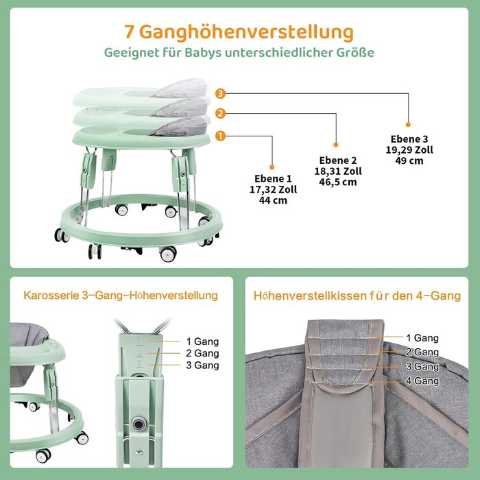 Дитячі ходунки, складані одним дотиком, кругле шасі з 8 коліс та захистом від перекидання, 7 швидкостей регулювання висоти, захист від зіткнень з гальмом для дітей від 6 до 18 місяців (зелені)