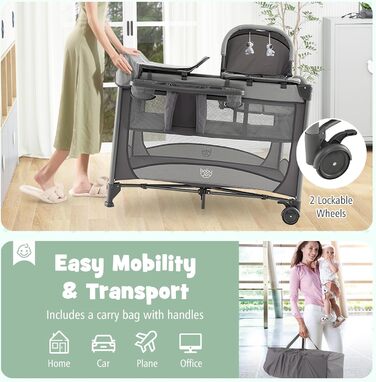 Дорожнє ліжечко GOPLUS 5-в-1 з пеленальний килимок, потовщений матрац, складне дитяче ліжечко з повітряними боковими стінками, колеса, сумка для перенесення, дитяча колиска з навісом, манеж для немовлят 0-36 місяців (сірий)