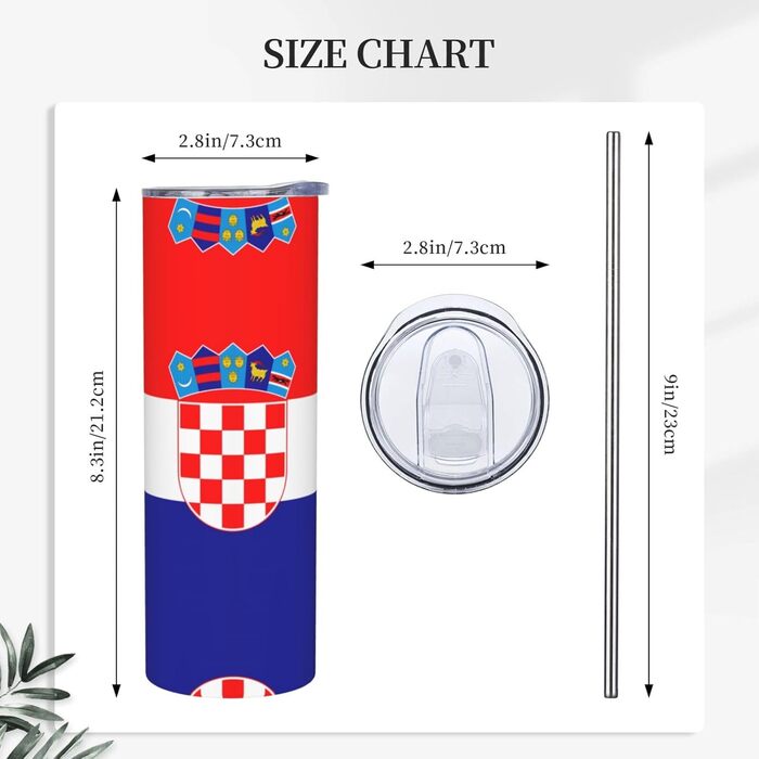 Кухоль з прямою трубочкою, дизайн Прапор Республіки Хорватія, друкований, дорожній кухоль, підходить для кемпінгу, офісу та дому, 590 мл