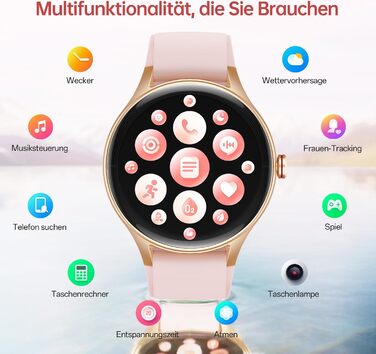 Розумний годинник для жінок та чоловіків, круглий (2 ремінці), 1,27-дюймовий сенсорний HD-екран, 40-мм розумний годинник з функцією телефону/голосовим помічником зі штучним інтелектом, 120 спортивних режимів, фітнес-трекер з серцевим ритмом, SpO2, рожевий