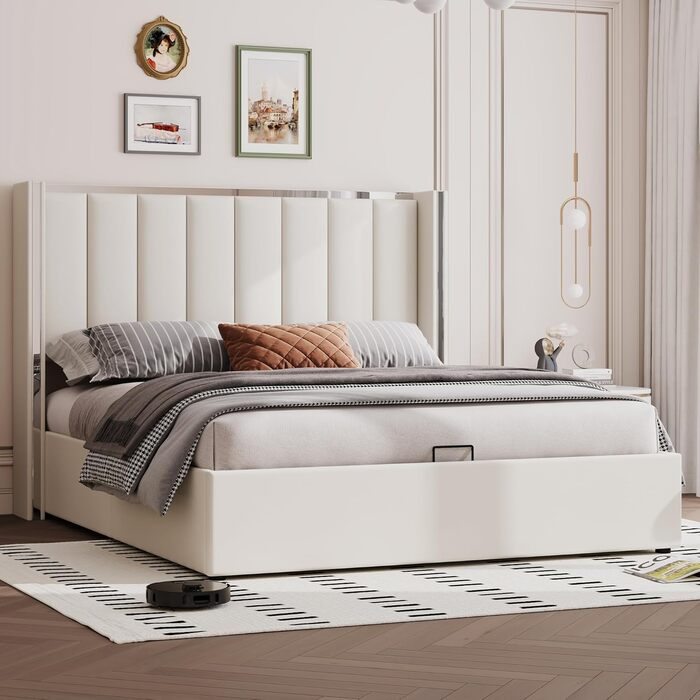 М&39яке ліжко з ящиком для зберігання речей, узголів&39ям заввишки 115 см, місцем для зберігання речей, функцією підйому та хромованим дизайном, каркас з масиву дерева оксамит (кремово-білий, 140 x 200 см) 140 x 200 см Бежевий