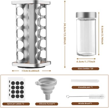 Підставка для спецій FRIBERG з 20 круглими банками для спецій, 100 мл, карусель для спецій з нержавіючої сталі, що обертається на 360, стійка для спецій з лійкою, етикеткою, ручкою та щіткою для чищення, срібляста 20