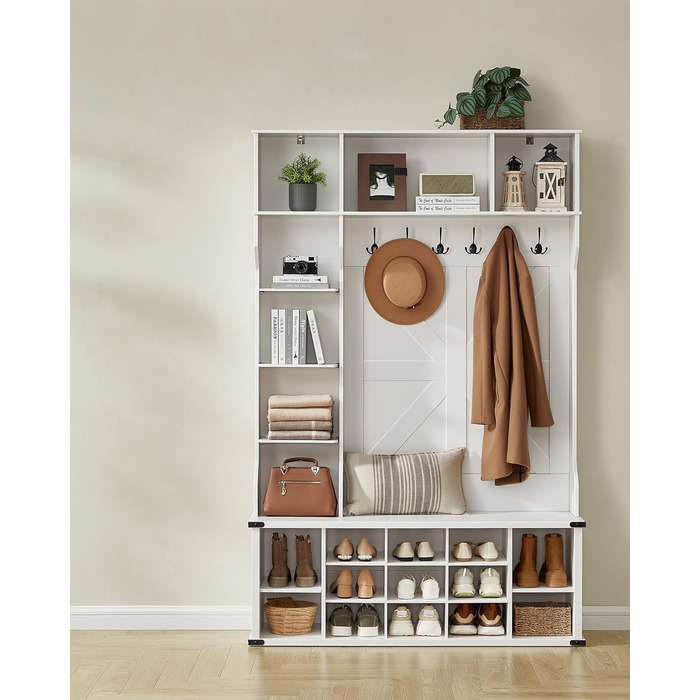 Вішалка для одягу, Шафа, Меблі для входу з полицею для взуття, Регульовані полиці, 20 відкритих відділень, 6 потрійних гачків, Сільський стиль, Окремостояча, Для вхідної зони, Коридор, Хмарно-білий HSR440W03