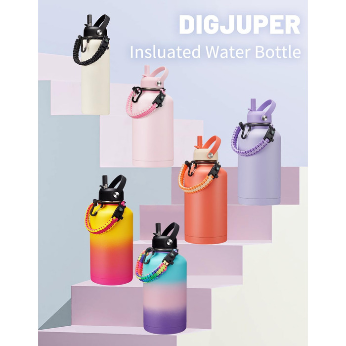 Ізольована пляшка для води з соломинкою - 1,8-літрова колба-термос з нержавіючої сталі з соломинкою для носика, кришкою, паракордо