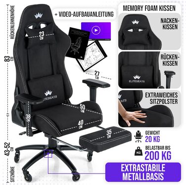 Ергономічне ігрове крісло ПЕРЕМОЖЕЦЬ ТЕСТУ Ролики, стійкі до подряпин, дихаючі, 4D підлокітники, з підставкою для ніг Ергономічне ігрове крісло з тканини, вантажопідйомність 150 кг Ігрове крісло Ігрове крісло, чорне