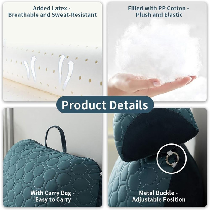 Подушка для читання для дорослих (Д x В) 75 x 55 см подушка для поперекової підтримки зі знімним валиком для шиї, підлокітником та кишенями, для ліжка, офісного крісла та дивана, ідеально підходить для читання, ігор, перегляду телевізора (світло-блакитна)