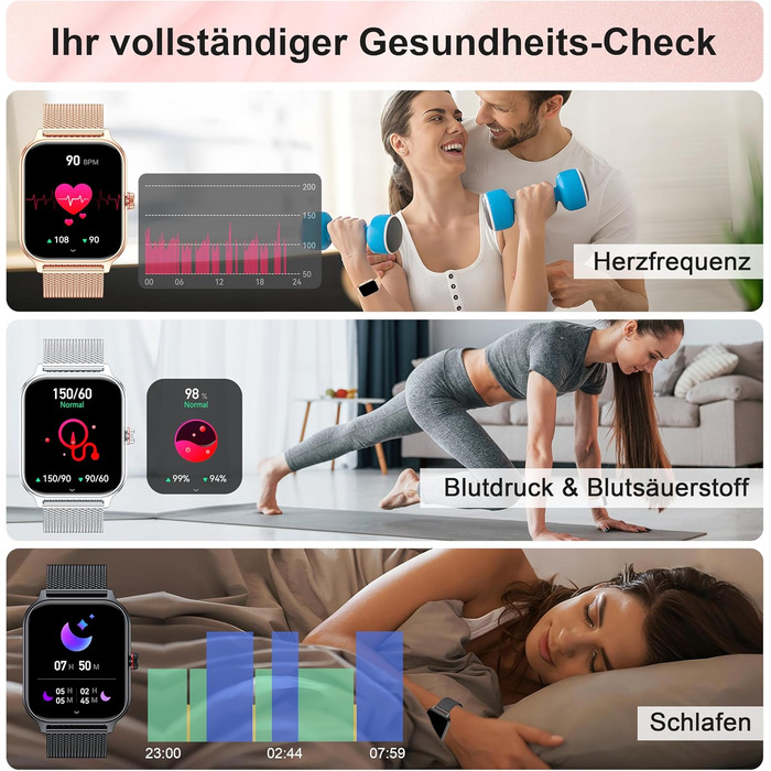 Розумний годинник для чоловіків та жінок, функція телефону, артеріальний тиск, пульс, відстеження сну, 1,96-дюймовий фітнес-годинник зі штучним інтелектом та понад 100 спортивними режимами, водонепроникність IP67, крокомір, будильник, калькулятор, візитна