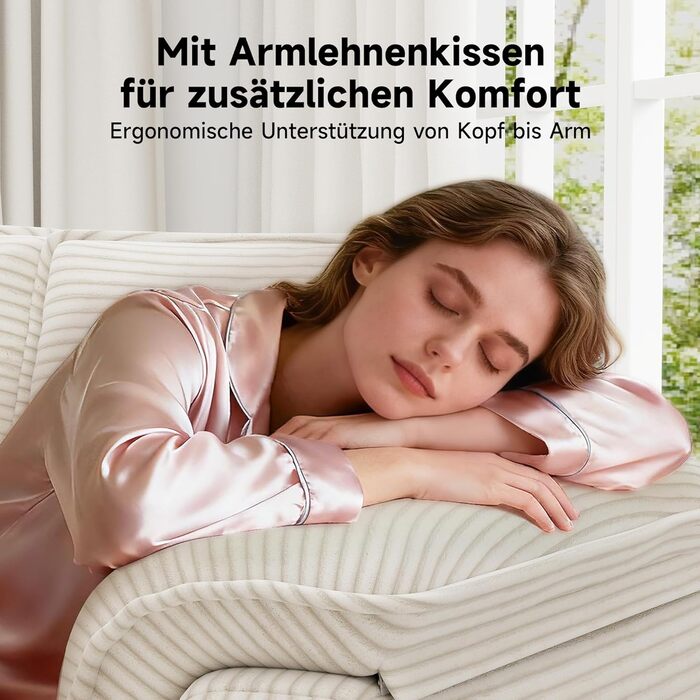 Диван-ліжко Winlice 140x150 см завширшки, двомісний вельветовий шезлонг-ліжко для гостей з 4 кишенями для зберігання речей та 2 подушками, що прається та нековзне, каркас з дерева та заліза, бежевий Диван-ліжко з вельвету Диван-ліжко з вельвету бежевого к