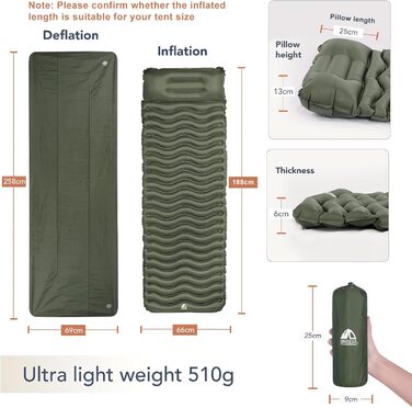 Ультралегкий килимок для сну Unigear 500 г, невеликий розмір упаковки, надувний килимок для сну на свіжому повітрі, походів та пляжу, вологостійкий, водонепроникний та нековзний, багаторазовий армійсько-зелений з подушкою