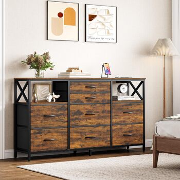 Комод Hzuaneri 140 см, 2 порти USB та 2 порти змінного струму, комод з 8 тканинними шухлядами, універсальні меблі для зберігання речей у вітальні та спальні, 30 x 140 x 86 см, вінтажний DU03801BEU