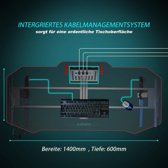 Ігровий стіл SONNI зі світлодіодним освітленням, площа поверхні 140 см/стіл для ПК/ігровий стіл, підтримує 2-3 монітори з килимком для миші, тримачем для напоїв та гачком для навушників, 140 x 60 см