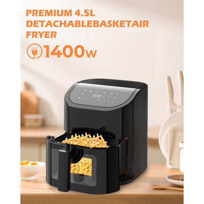Фритюрниця EUARY Hot Air Fryer 4.5 л Фритюрниця з 8 програмами, фритюрниця з книгою рецептів німецькою мовою, фритюрниця гаряче повітря без жиру, фритюрниця з книгою рецептів німецькою мовою. 4,5 л