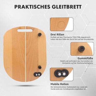 Розсувна дошка для Thermomix TM6 TM5-360 Універсальна колісна дошка для кухонного комбайна Thermomix Vorwerk, Букова підкладкова дошка TM5 TM6 Аксесуари Швидкорухома рухома дошка з гумовими ніжками