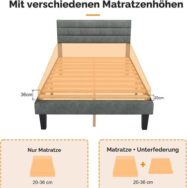 Ліжко Bonnlo з м&39якою оббивкою 140x200 см з регульованим узголів&39ям, ліжко 140x200 з дерев&39яною рейковою основою, оксамит (без матраца) 140x200 см світло-сірий