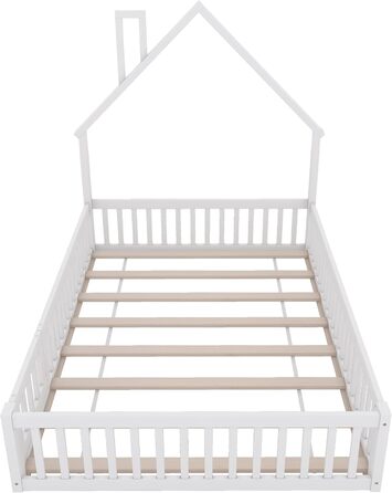 Дитяче підлогове ліжко, двоспальне ліжко 140x200 см з поручнями, рейковою основою та формою димоходу ліжко Монтессорі, ліжечко, домашнє ліжко, дерев&39яне ліжко, каркас ліжка, дитяче ліжко, соснове дерево, без матраца, біле.