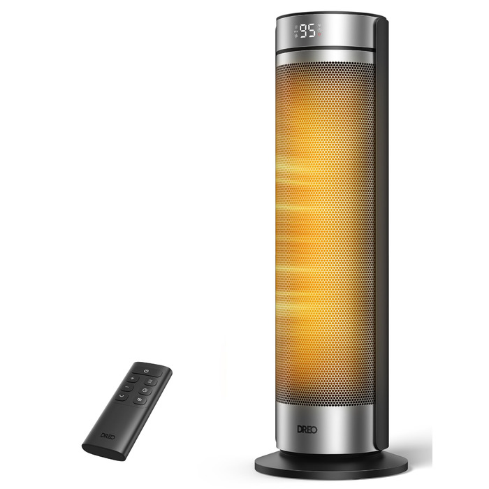 Дюймовий вентилятор-обігрівач Dreo, тихий електричний обігрівач потужністю 2000 Вт для спальні з пультом дистанційного керування, 12-годинний таймер, коливання 70, 5 режимів, керамічний PTC з термостатом, обігрівач для великих кімнат, офіс, сріблястий, 23