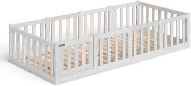 Ліжко Bellabino Tapi 90x200 см, дитяче ліжко з поручнями та дверцятами, включаючи рейкову основу, підлогове ліжко Монтессорі для хлопчиків та дівчаток з масиву сосни, біле лаковане, Ліжко 90 x 200 см Біле - з дверцятами