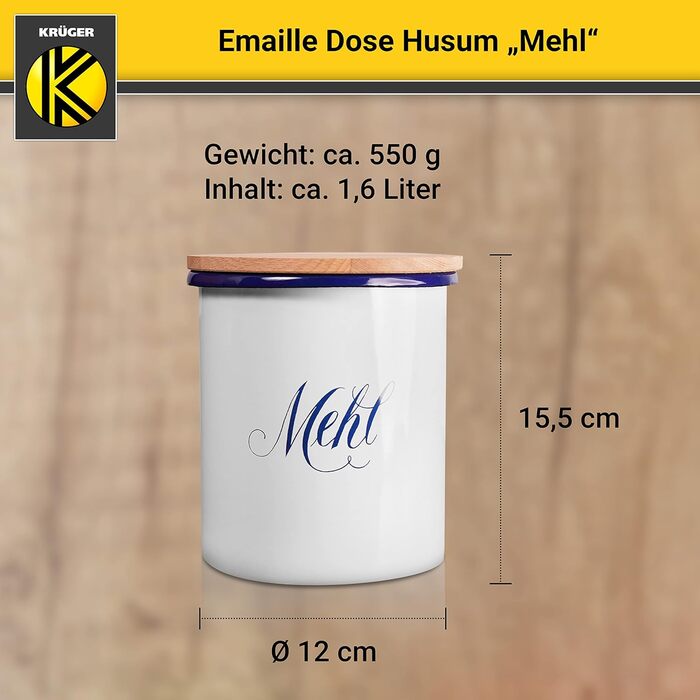 Емальована бляшанка KRGER Husum Flour 1,6 літра - Коробка для зберігання, стійка до порізів та подряпин, з кришкою - Силіконове ущільнювальне кільце для герметичного закриття - Можна мити в посудомийній машині &quotFlour&quot - 1,6 літра