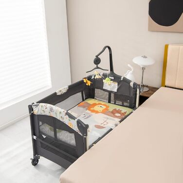 Складане дорожнє ліжечко DREAMADE 4-в-1, дитяче ліжечко з регульованою висотою та пеленальний столик, приліжкове ліжко з сумкою для перенесення, для дітей 0-36 місяців, темно-сіре