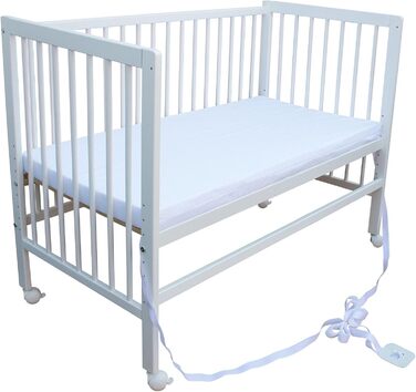 Дитяче ліжко - тумбочка - ліжко-трансформер 120x60 см з ременем, колесами та матрацом (біле з матрацом)