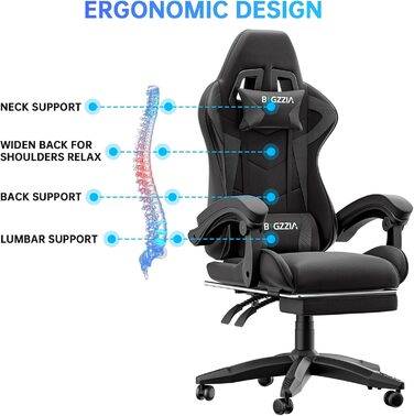 Геймерське крісло з висувною підставкою для ніг та регульованою поперековою опорою, ергономічне комп&39ютерне крісло з синтетичної шкіри з можливістю нахилу 90-155, офісне крісло з піни з ефектом пам&39яті та подушкою для шиї (чорне)
