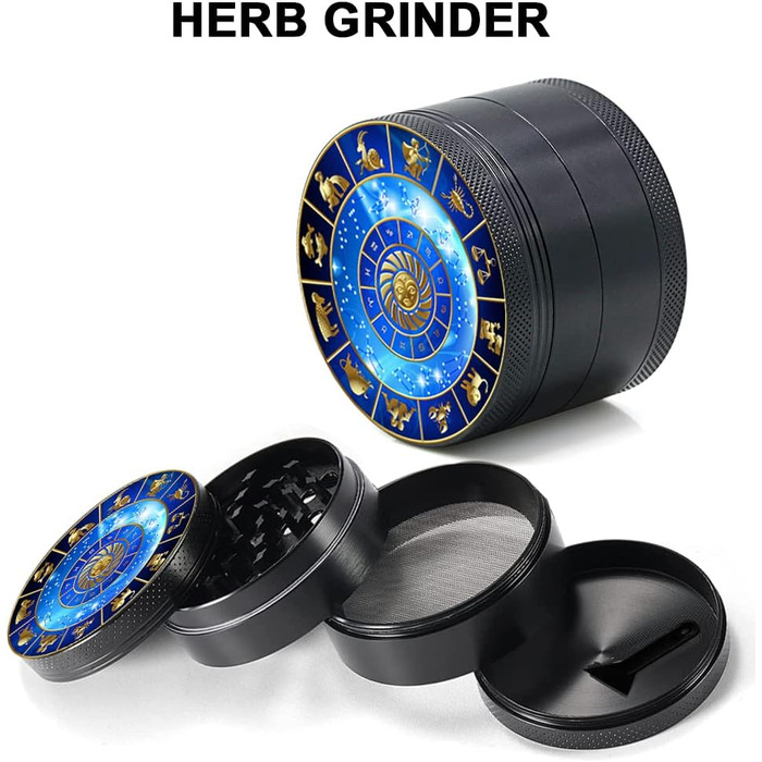 Набір для подрібнення трав, Spespo Spice Grinder Black Metal Zinc Alloy 4-Piece 2.0 Inch (5cm) Constellation Pattern з міні-попільничкою та герметичним скляним та шкіряним піддоном для сузір'я Набір сузір'їв