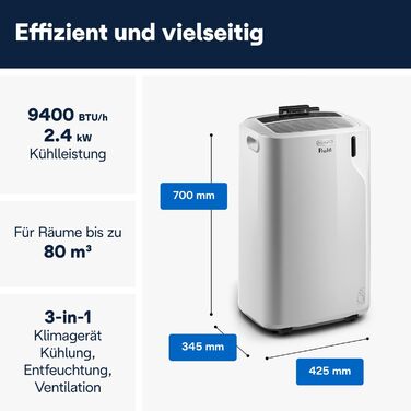 Мобільний кондиціонер для приміщень до 80 м, 9400 BTU, 2,4 кВт, 63 дБ, функція осушення, клас енергоспоживання A, 24-годинний таймер, білий, 39Longhi Pinguino PAC EM82