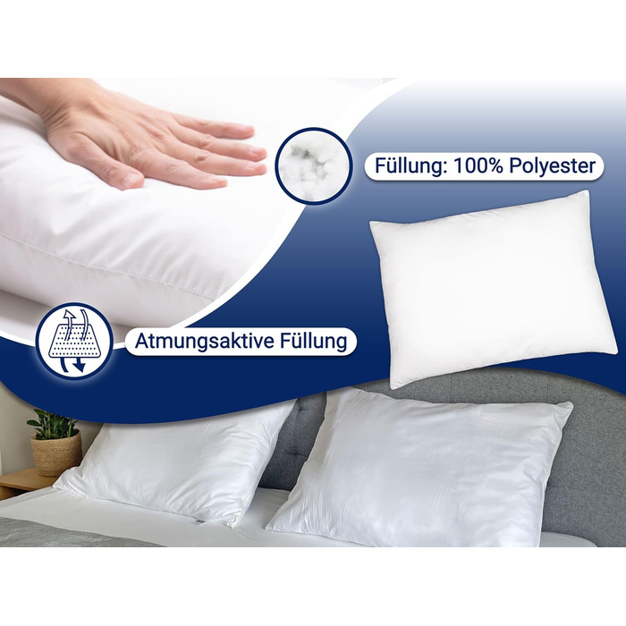 Комплект подушок ZOLLNER з 2 предметів - Виготовлено в Німеччині - Наповнювач з поліестеру - Чохол з високоякісного поліестеру - Можна прати при температурі до 60C - 60x80 см - Готельна якість - Сертифіковано Oeko-Tex 60x80 см Білий