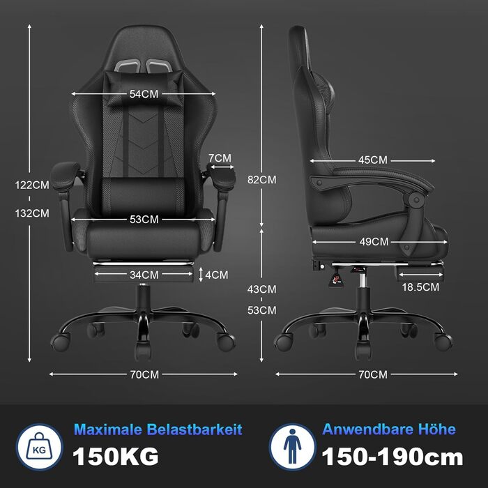 Ігрове крісло JUMMICO з масажем, ергономічне офісне крісло з масажною поперековою подушкою, ігрове крісло з регульованою спинкою 90-135 та підставкою для ніг, ігрове крісло з вантажопідйомністю 150 кг, чорне, маленьке