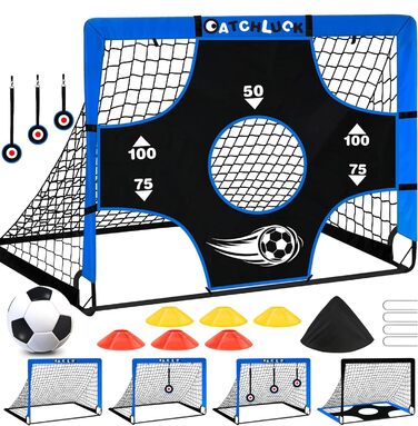 Висувні футбольні ворота для дітей, садові футбольні ворота, вуличні футбольні ворота для дітей з цільовими зонами, три ворота, футбольні, 6 перешкод та сумка для перенесення, сині