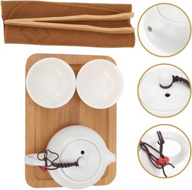 Набір керамічного чайного сервізу для подорожей з чайником та бамбуковим підносом, у зручній сумці для зберігання. Китайський посуд для чаю Кунг-Фу для активного відпочинку та поціновувачів чаю.