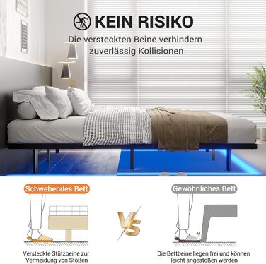 Каркас ліжка DICTAC 140x200 зі світлодіодним освітленням, Ліжко 140x200 з металевою рейковою основою, Плаваючий каркас ліжка 140 x 200 для дорослих з освітленням - Міцний та стійкий, Легке складання, Чорний (без матраца) 140x200 см