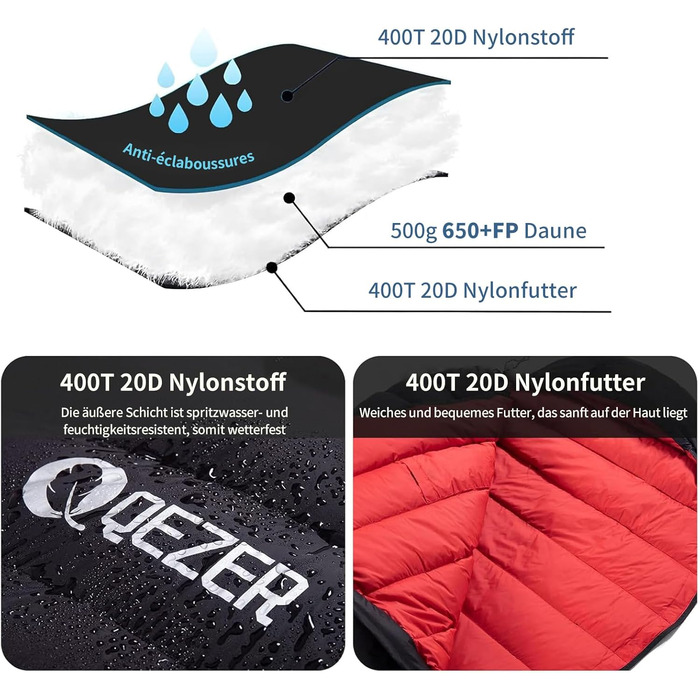 Пуховий спальний мішок, зимовий спальний мішок, наповнений качиним пухом щільністю 650. Сертифіковано RDS. Підходить для температур від 8C до -30C, ідеально підходить для кемпінгу та альпінізму. Чорний 8C