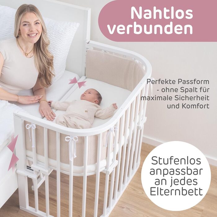 Ліжечко-колиска Babybay Maxi Comfort Plus з масиву бука/бічне ліжечко з захисними бортиками/плавне регулювання та екологічність/росте разом з вашою дитиною (біле лакування) Біле лакування 96Д x 56,5Ш x 79В см Матрац не входить до комплекту