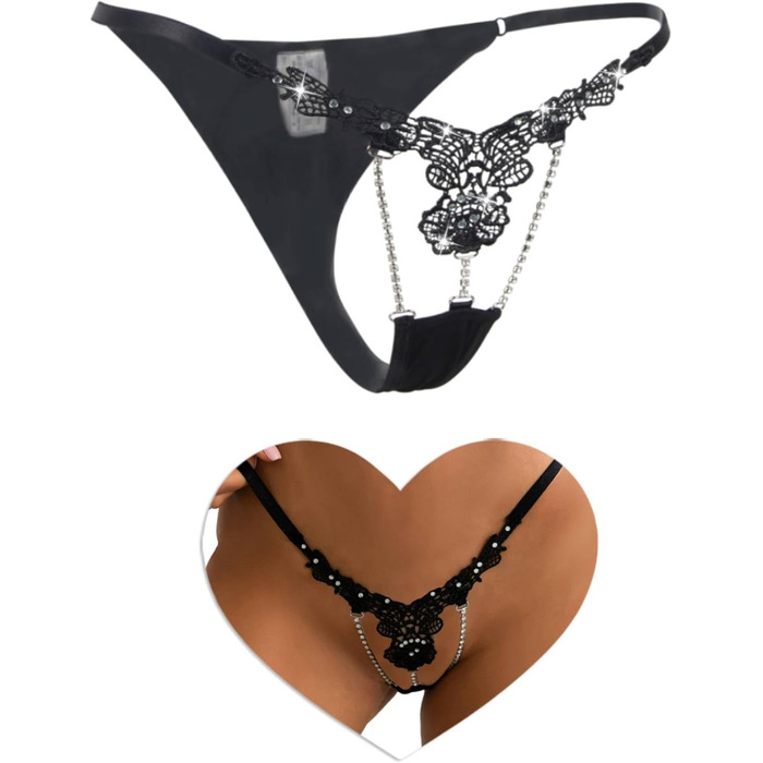 Сексуальні стрінги-стрінги для жінок зі стразами, ніжна вишивка, еротична білизна, великі розміри, бразильські труси, жіноча білизна, пишні мікробікіні, регульовані міні-стрінги, Т-подібна спинка, SM 1-чорний