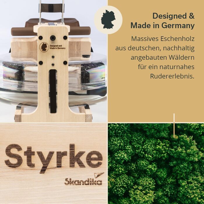 Водний гребний тренажер преміум-класу Skandika Styrke Зроблено в Німеччині, дерев&39яний водний гребний тренажер, функція застосунку Kinomap, домашній гребний тренажер, масив ясена з Німеччини, природний досвід веслування, до 180 кг, арктично-білий, корич