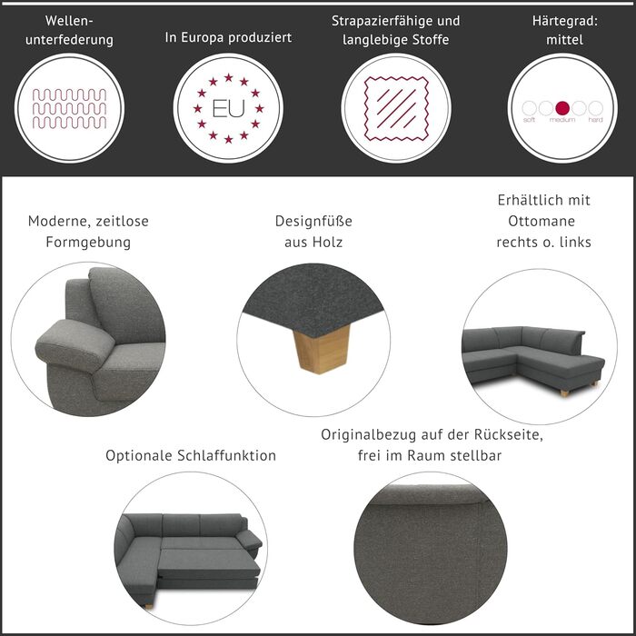 Колекція Панама кутовий диван, класичний L-подібний кутовий диван праворуч, кутовий диван, диван-ліжко, кутовий диван з функцією сну 254 x 186 x 80 см (Ш x Г x В), сіро-коричневий, правий шезлонг з функцією сну, сіро-коричневий